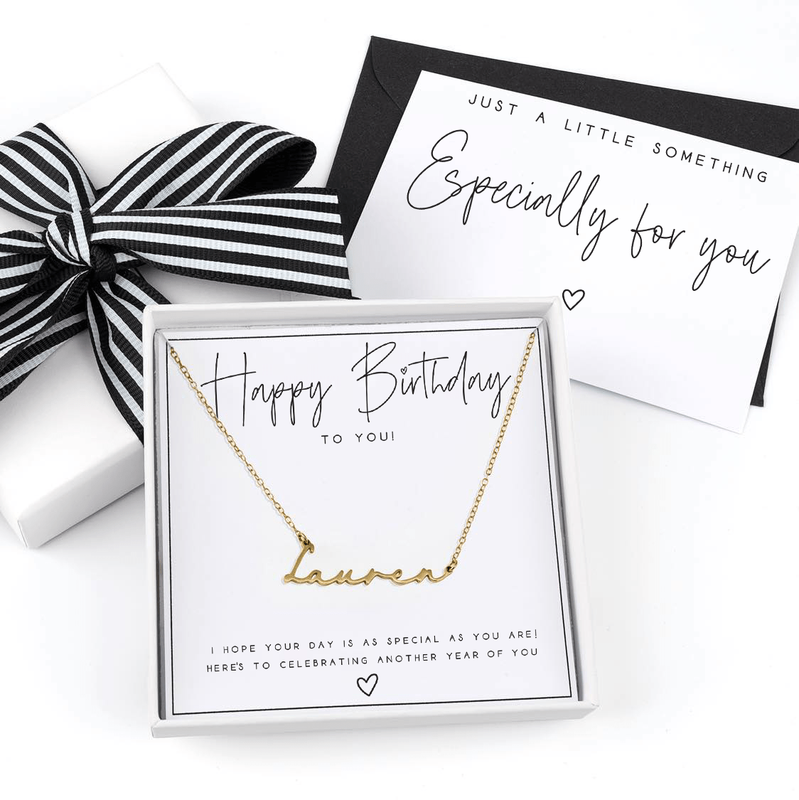 Personalised Name Necklace and Brithday Card Gift Set 18ct