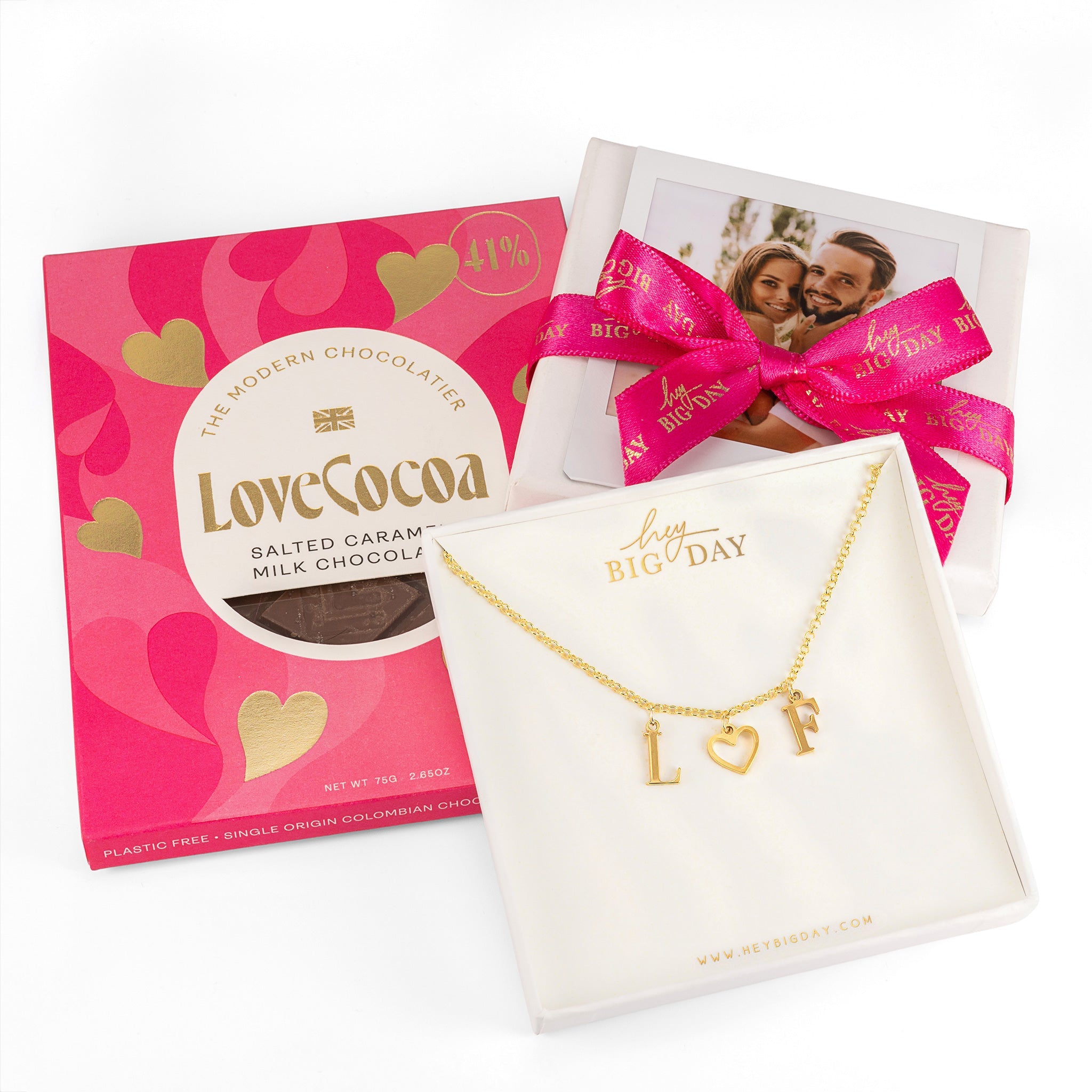 Valentine's Day Initials Necklace, Polaroid & Chocolate Set 18k gold plated Gift gold